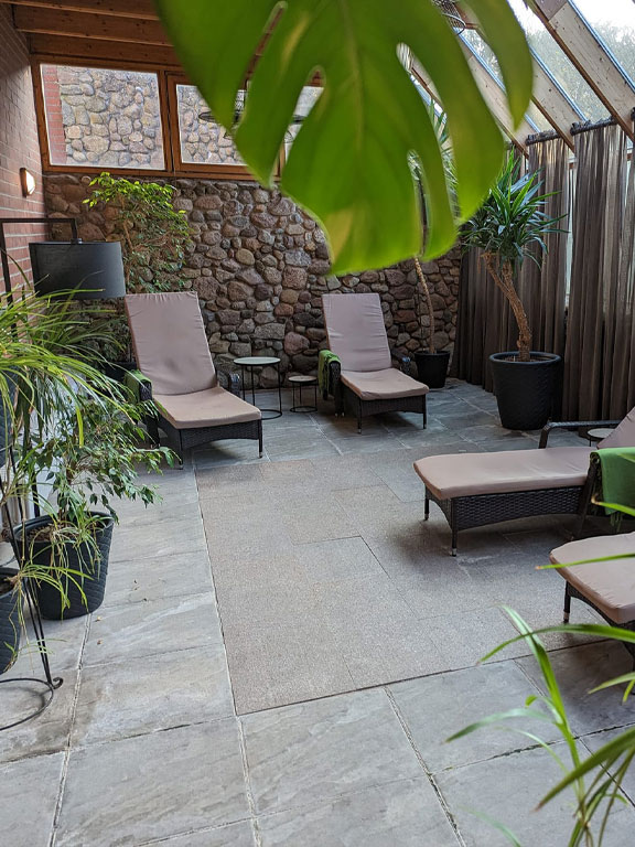 Wellness sun loungers in the relaxation area with palm plants